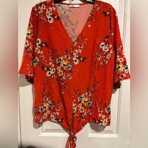 Blue time Floral V-Neck Tie-Front Blouse - Red